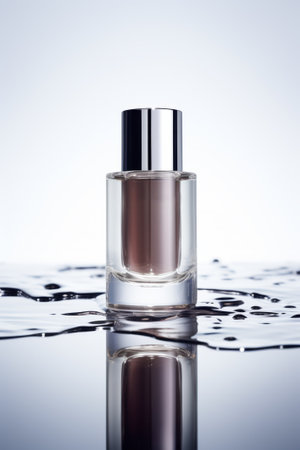 Beauty product bottle mockup, cosmetic container in liquid splash, skincare product packaging front view commercial templateの素材