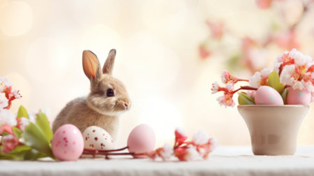 Adorable Easter Bunny Among Pastel Eggs and Spring Flowers.の素材