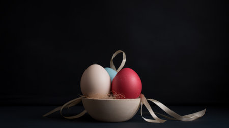 Easter eggs on dark background, Easter celebration concept.の素材