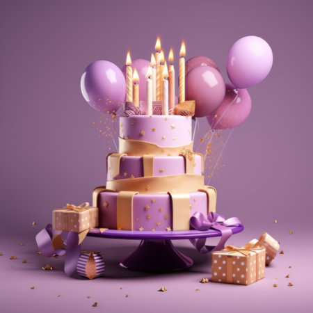 birthday cake with candles and balloons on purple backgroundの素材