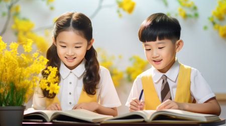 Asian children engaged in reading books surrounded by yellow flowers.の素材