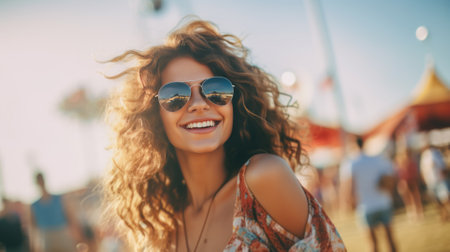 A free spirit happy content woman at a fair, amusement park or festival. shallow depth of fieldの素材
