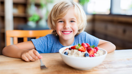 Smiling adorable child having breakfast eating oatmeal porridge with berries.の素材