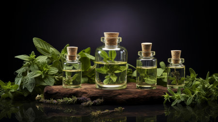 An assortment of essential oil bottles with fresh plants from which they're derived, like lavender, peppermint, and rosemary, arranged on a wooden surfaceの素材