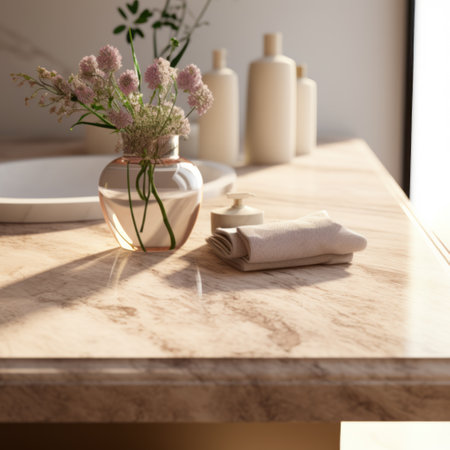A warm, inviting bathroom countertop with a vase of flowers, towels, and toiletry bottlesの素材