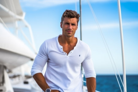 Handsome strong man sailing with his boatの素材