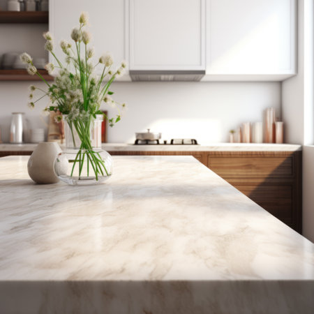Soft light graces a minimalist marble table with a delicate vaseの素材