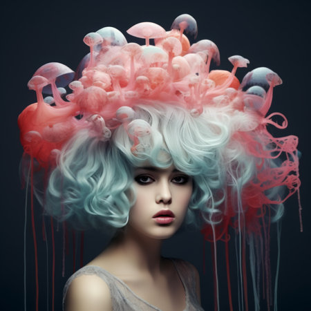 Beautiful Japanese Lady with jellyfish on hair, standing on street, jellyfish costume, fashionの素材