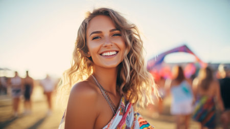 A free spirit happy content woman at a fair, amusement park or festival. shallow depth of fieldの素材
