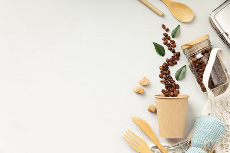 Sustainable Coffee and Eco Utensils on Whiteの写真素材