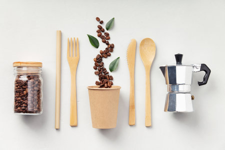 Coffee Setup with Beans, Cup, and Moka Potの写真素材