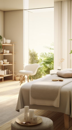Massage table in a serene spa room with a lit candle and natural light.の素材