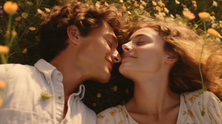Young lovely couple lying in flower field , man and woman lovers smiling head to head in flowersの素材