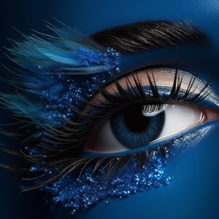 Close-up of a woman's eye with bold blue winged eyelinerの素材