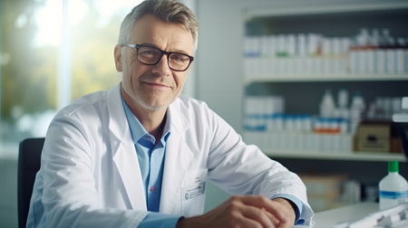 Mature male doctor with glasses smiling in a contemporary clinic environment.の素材