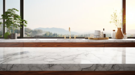 A sleek marble countertop reflects daylight in a stylish kitchenの素材