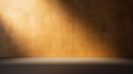 Dark empty wall with interesting golden sun glare. Background for the presentationの素材