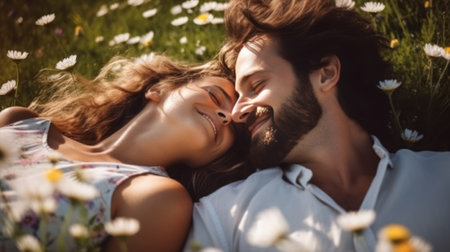 Young lovely couple lying in flower field , man and woman lovers smiling head to head in flowersの素材