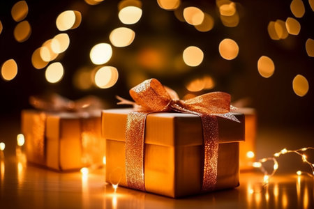 Beautiful golden gift box on light table against blurred festive lights. Christmas concept front viewの素材