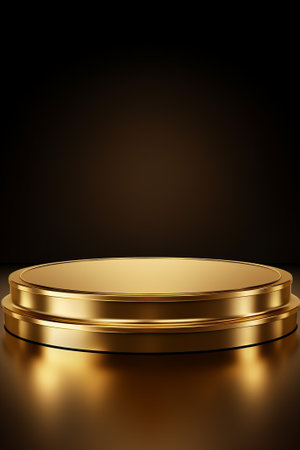 Gold podium on dark background with bokeh. Empty pedestal for award ceremony. Platform illuminated by spotlights.の素材