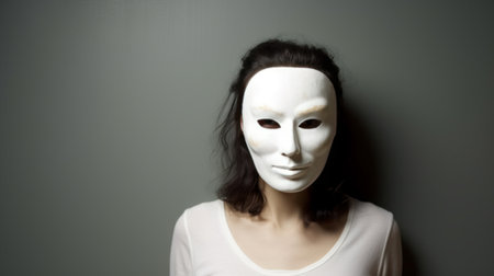 A young woman with black and white mask. Mood swings, from happiness to depression, mental health problemsの素材