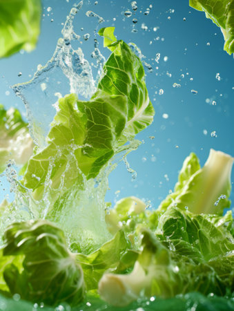 Crisp green lettuce with sparkling water droplets against a blue background.の素材