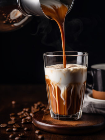 coffee latte with cream being poured into itの素材