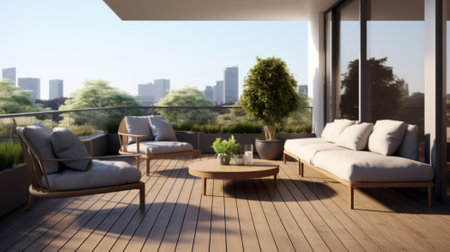 resort vacation home interior design wooden and cozy chair on comfort balcony daylight with beautiful nature sky background house beauty ideas conceptの素材