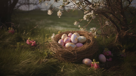 easter eggs on the nest on a dark background, artistic vintage Easter conceptの素材