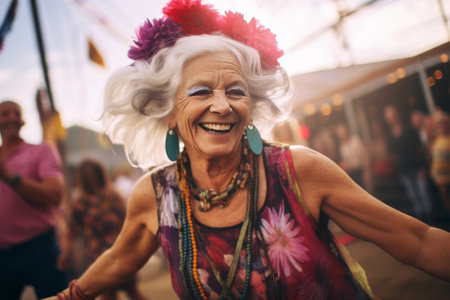 Cheerful elderly lady with sunglasses dances at a sunny outdoor event, adorned with flowers.の素材