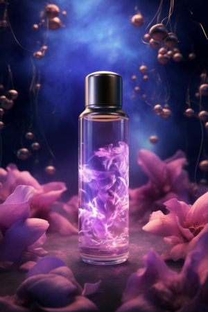 Beauty product bottle mockup, cosmetic container in liquid splash, skincare product packaging front view commercial template, dark purple mystic backgroundの素材