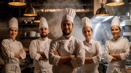 Professional Chefs Smiling in Industrial Kitchen Settingの素材