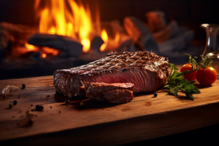 Close-up fried hot juicy steak piece of meat with spices, rosemine on a wooden board against background of fireの素材