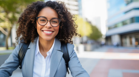 A young woman stands with a bicycle on a street in the city, embodying a sense of urban chic and freedomの素材