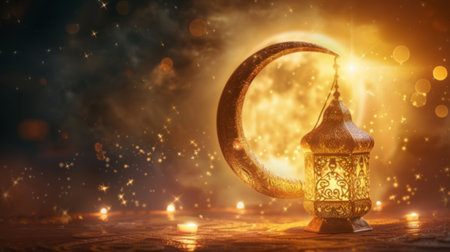 Ramadan Kareem with Golden Crescent Moon and Lanternの素材
