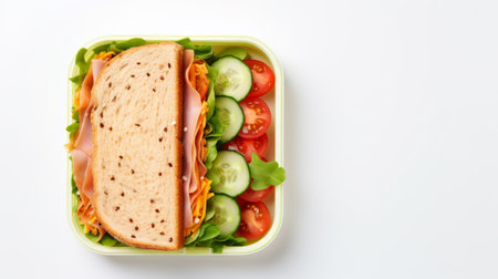 Wholegrain sandwich with fresh salad in a transparent lunch boxの素材