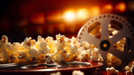 Vintage film projector and popcorn on dark cinema backgroundの素材