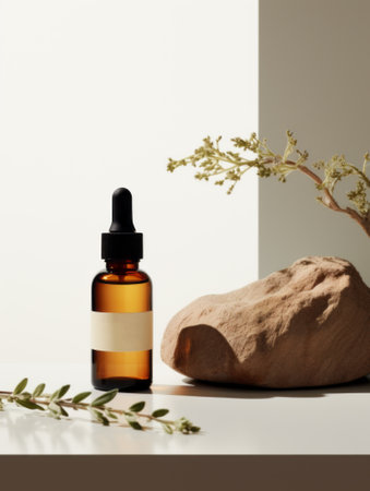 Reusable dark amber glass bottle for oil, cream, lotion or serum on a minimalistic background with shadows and plants. Presentation of a cosmetic product. Layout of the beauty salon branding.の素材
