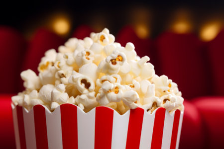 Close up a popcorn in paper stripped bucket on red soft armchair on blurred cinema hallの素材
