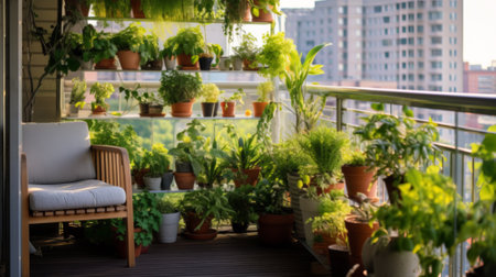 Vertical garden on a high-rise apartment balcony, filled with a variety of wildflowers and green foliage, creating a lush oasis amidst the urban environmentの素材