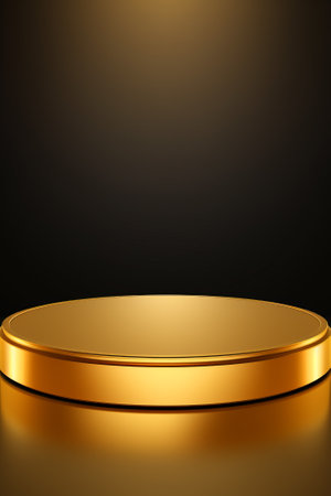 Gold podium on dark background with bokeh. Empty pedestal for award ceremony. Platform illuminated by spotlights.の素材