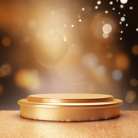 Gold podium on dark background with bokeh. Empty pedestal for award ceremony. Platform illuminated by spotlights.の素材