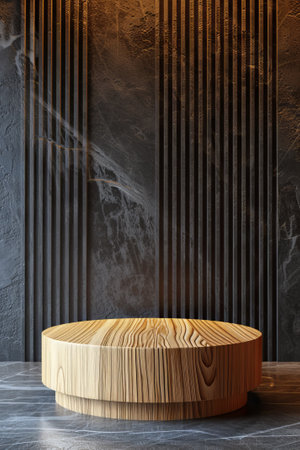 Smooth, circular wooden tray on a gray textured backdrop with dramatic lightingの素材