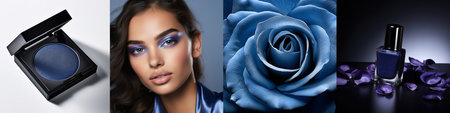 A collage of a woman, blue flower, mascara, and nail polish - blue aestheticの素材