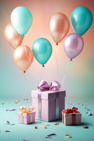 Colorful birthday or baby shower card with balloons and gifts, with space for textの素材