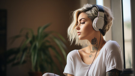 Young girl wearing headphones enjoying music at homeの素材