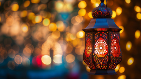 Enchanted Evening with Traditional Lantern Amidst Twinkling Lights and Draperyの素材