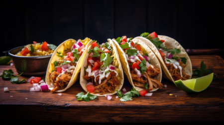 Corn tortillas filled with chicken, garnished with onions, cilantro, and limeの素材