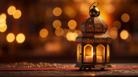 A lit candle inside a decorative lantern emits a warm glow amidst soft bokeh lightsの素材