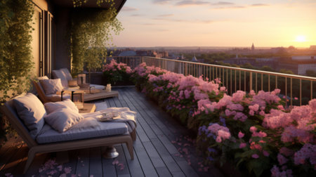 Beautiful wooden terrace with garden furniture surrounded by greenery and flowers on a warm, summer dayの素材